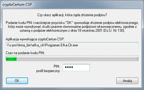 Okno podania kodu PIN podpisu kwalifikowanego