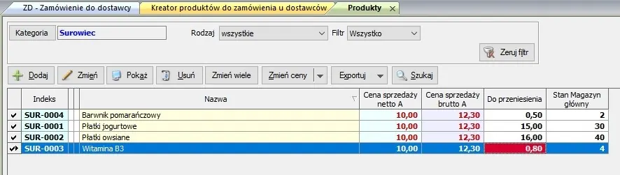 Zrzut ekranu — towary kreator 4 surowce