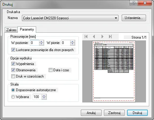 Zrzut ekranu — wydruk parametry